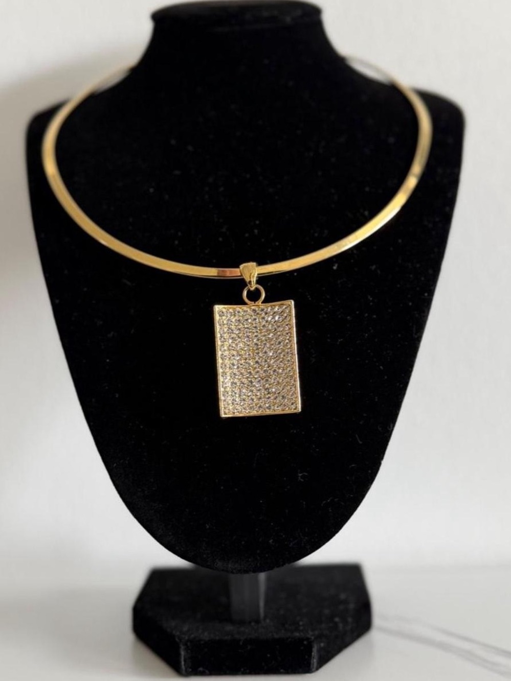 Vintage Gold Rectangular Pave Pendant Collar Necklace - Women's Jewelry